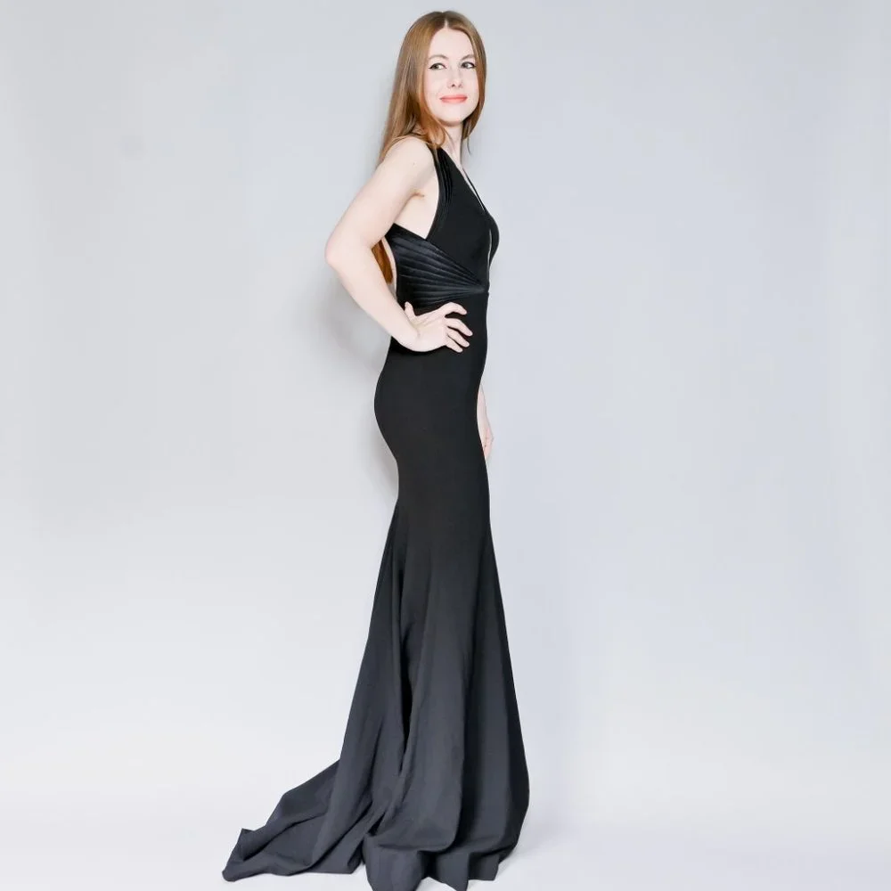 JOVANI Black Plunge V-Neck Mermaid Gown - Picture 3 of 7